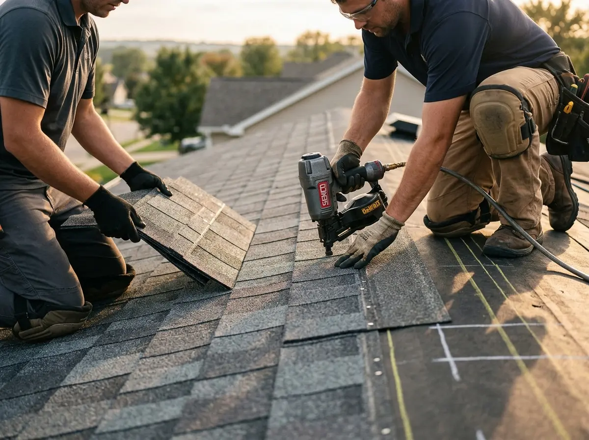 Professional roofer working on a residential roof in Lanham